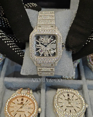 Azoria & Co Open-Work Skeleton Square Dial Fully Iced Moissanite Diamond Timepiece