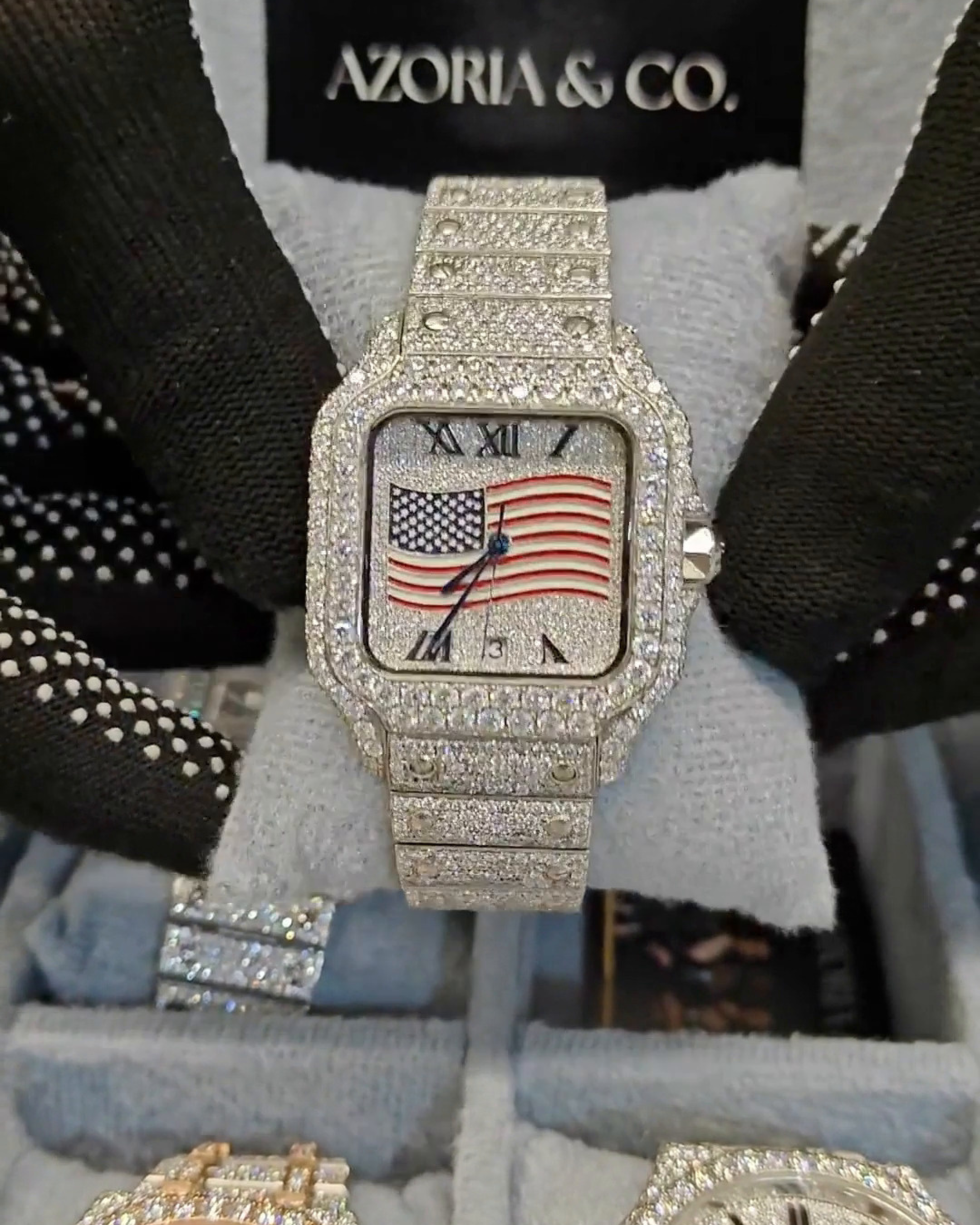 Azoria & Co Patriot Ice Watch – Full Moissanite Diamond Square Timepiece