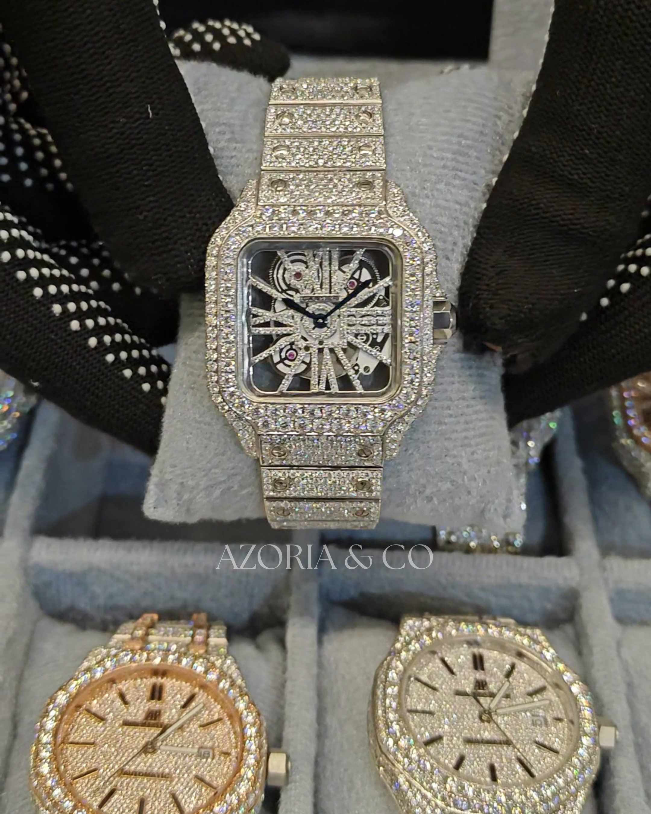 Azoria & Co Open-Work Skeleton Square Dial Fully Iced Moissanite Diamond Timepiece