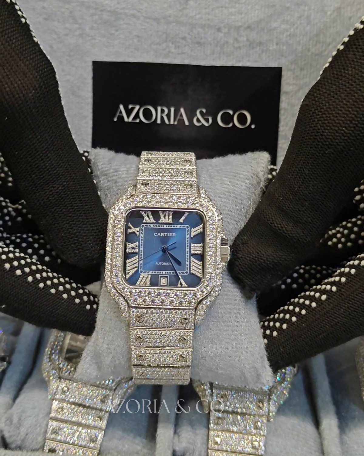 VVS Moissanite Iced-Out Square Automatic Watch – Blue Roman Dial Bustdown