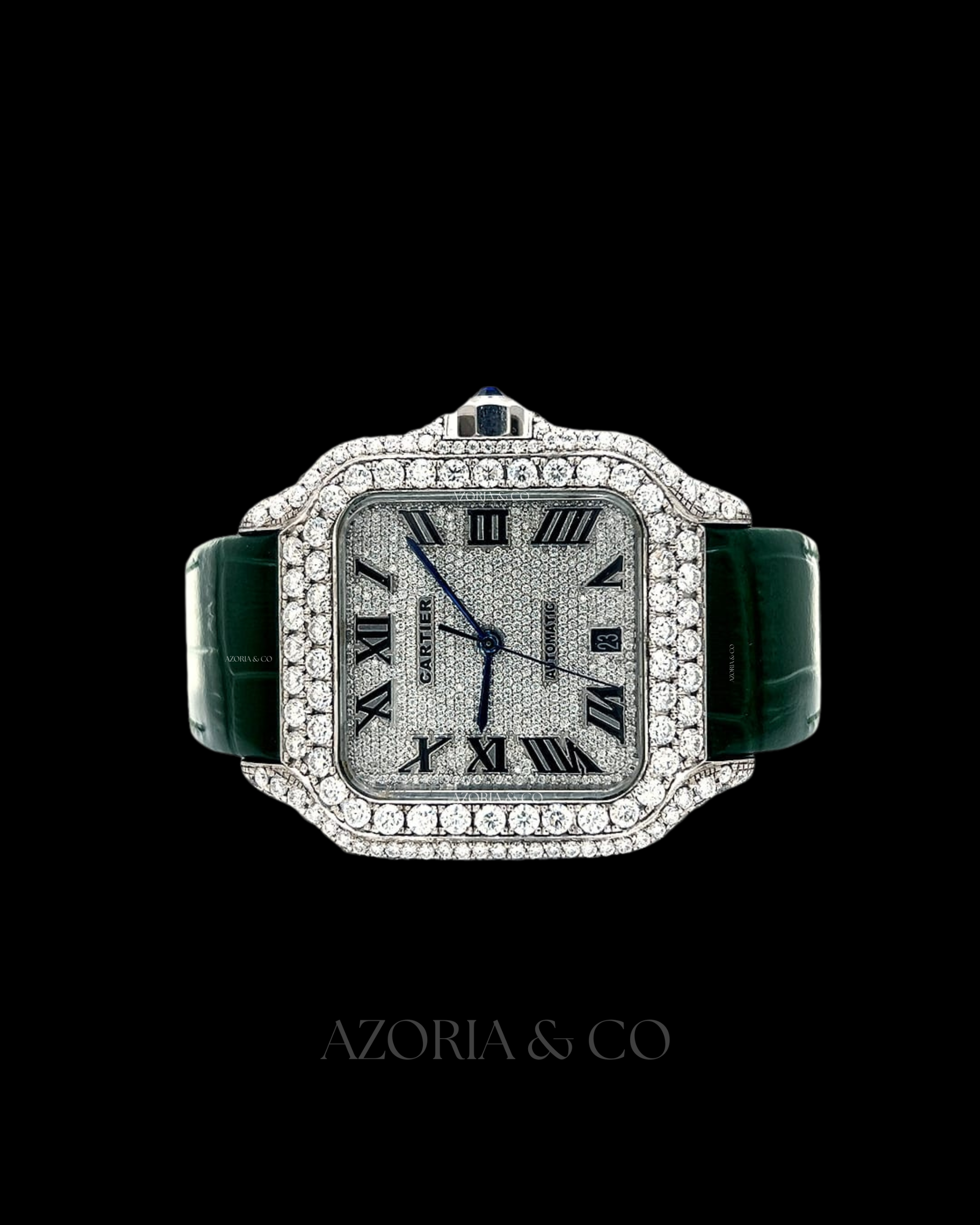 Luxury Square Iced Dial Automatic Watch with Green Leather Strap