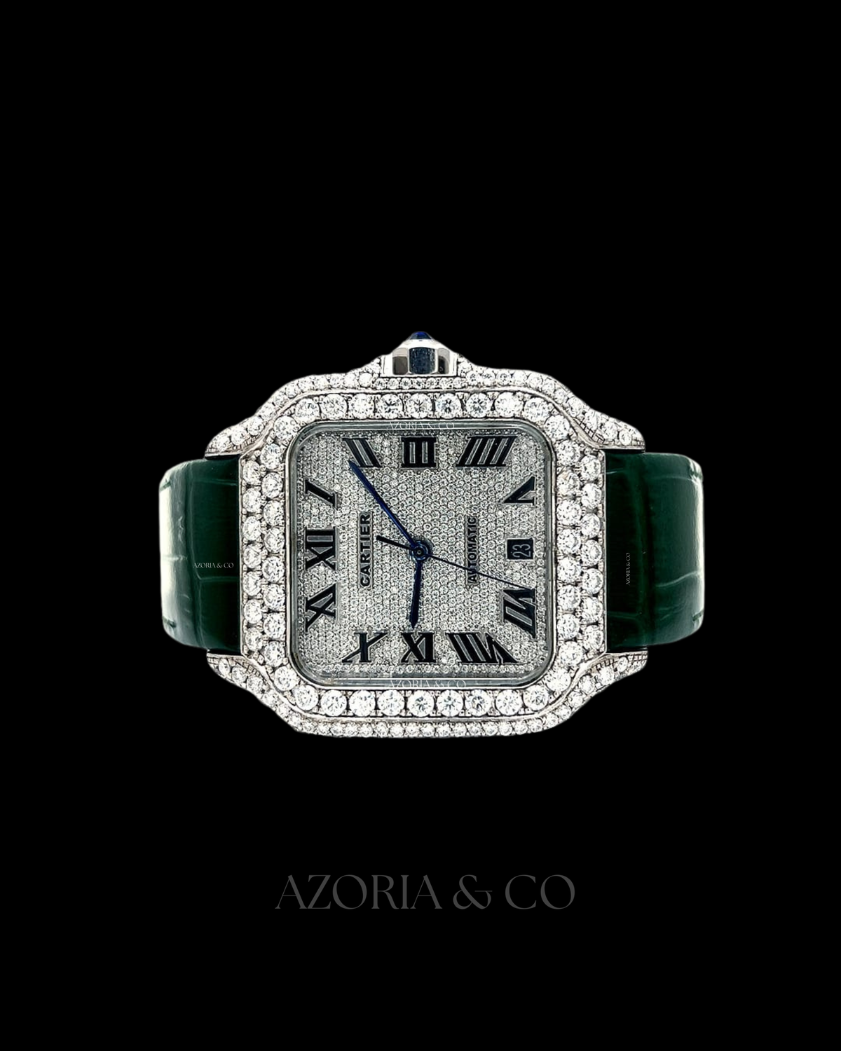 Luxury Square Iced Dial Automatic Watch with Green Leather Strap