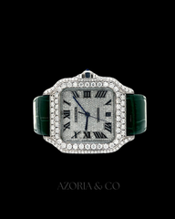Luxury Square Iced Dial Automatic Watch with Green Leather Strap