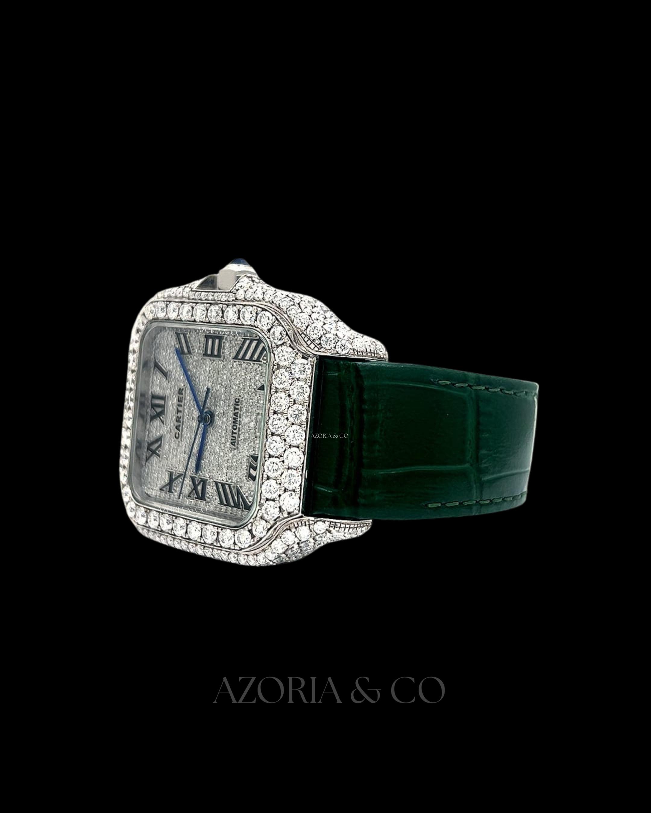 Luxury Square Iced Dial Automatic Watch with Green Leather Strap