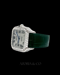 Luxury Square Iced Dial Automatic Watch with Green Leather Strap