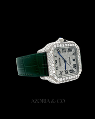 Luxury Square Iced Dial Automatic Watch with Green Leather Strap