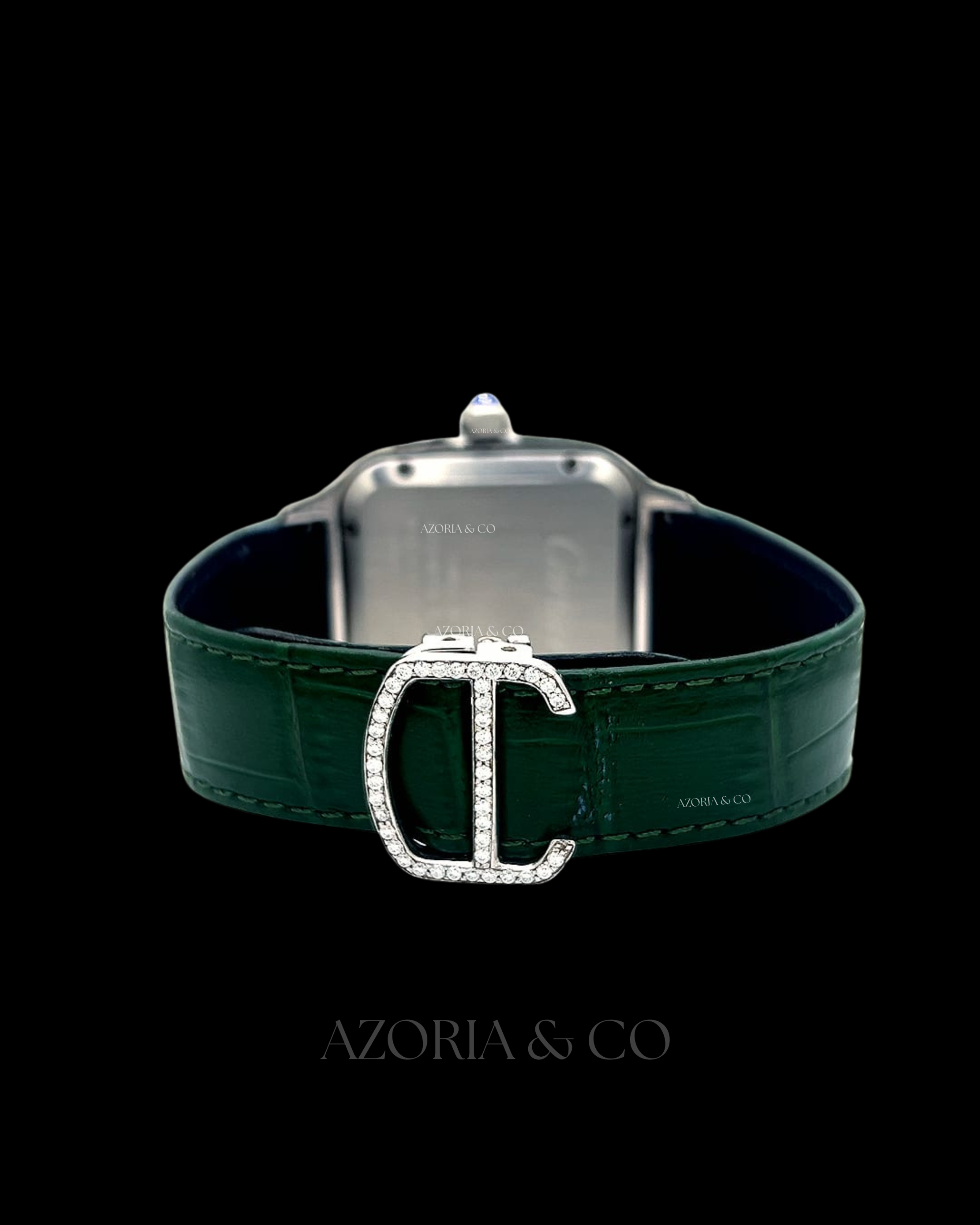 Luxury Square Iced Dial Automatic Watch with Green Leather Strap