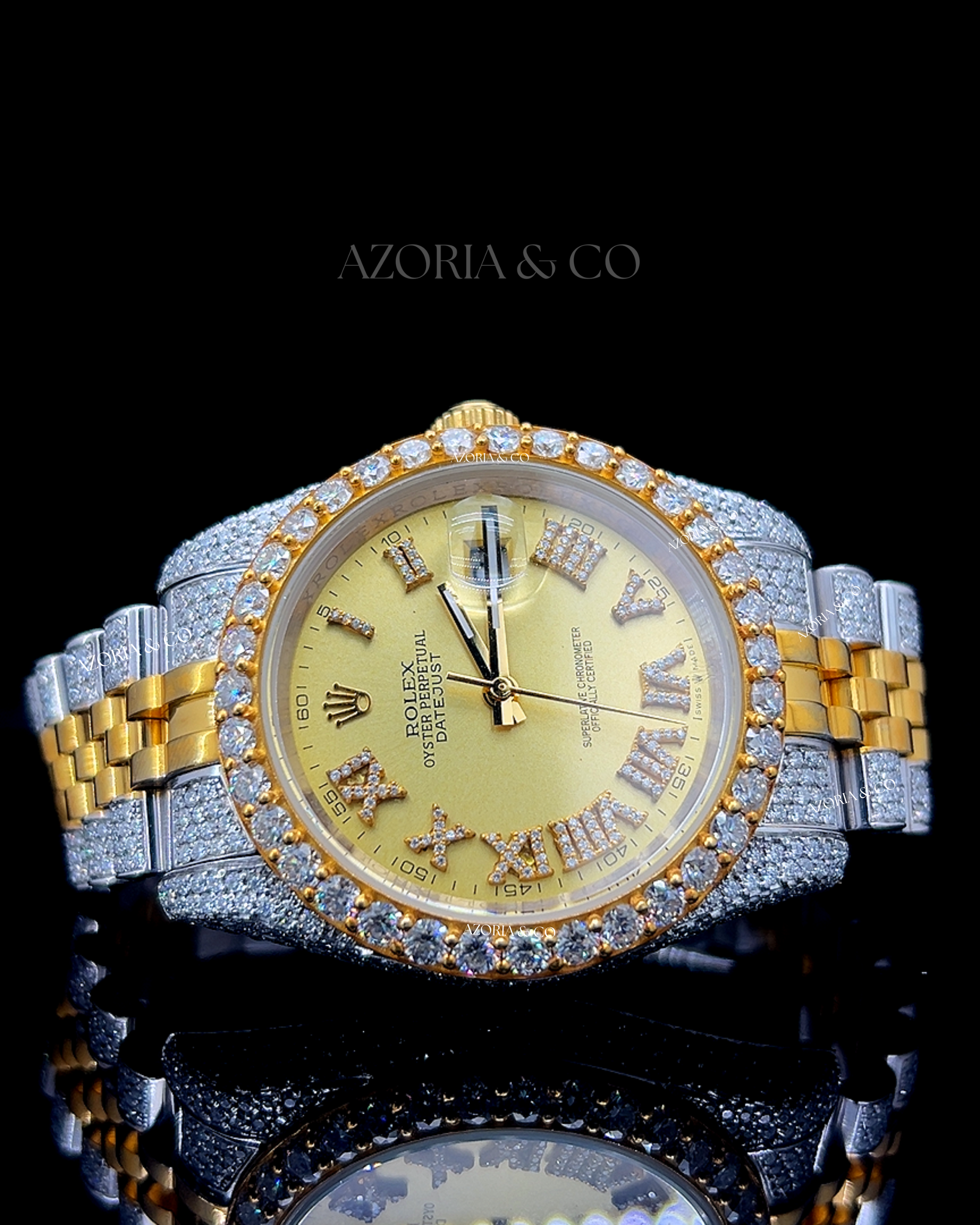 Azoria Two-Tone Iced Automatic Watch – Gold Roman Dial