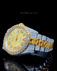 Azoria Two-Tone Iced Automatic Watch – Gold Roman Dial