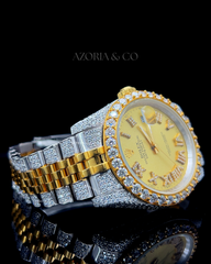 Azoria Two-Tone Iced Automatic Watch – Gold Roman Dial