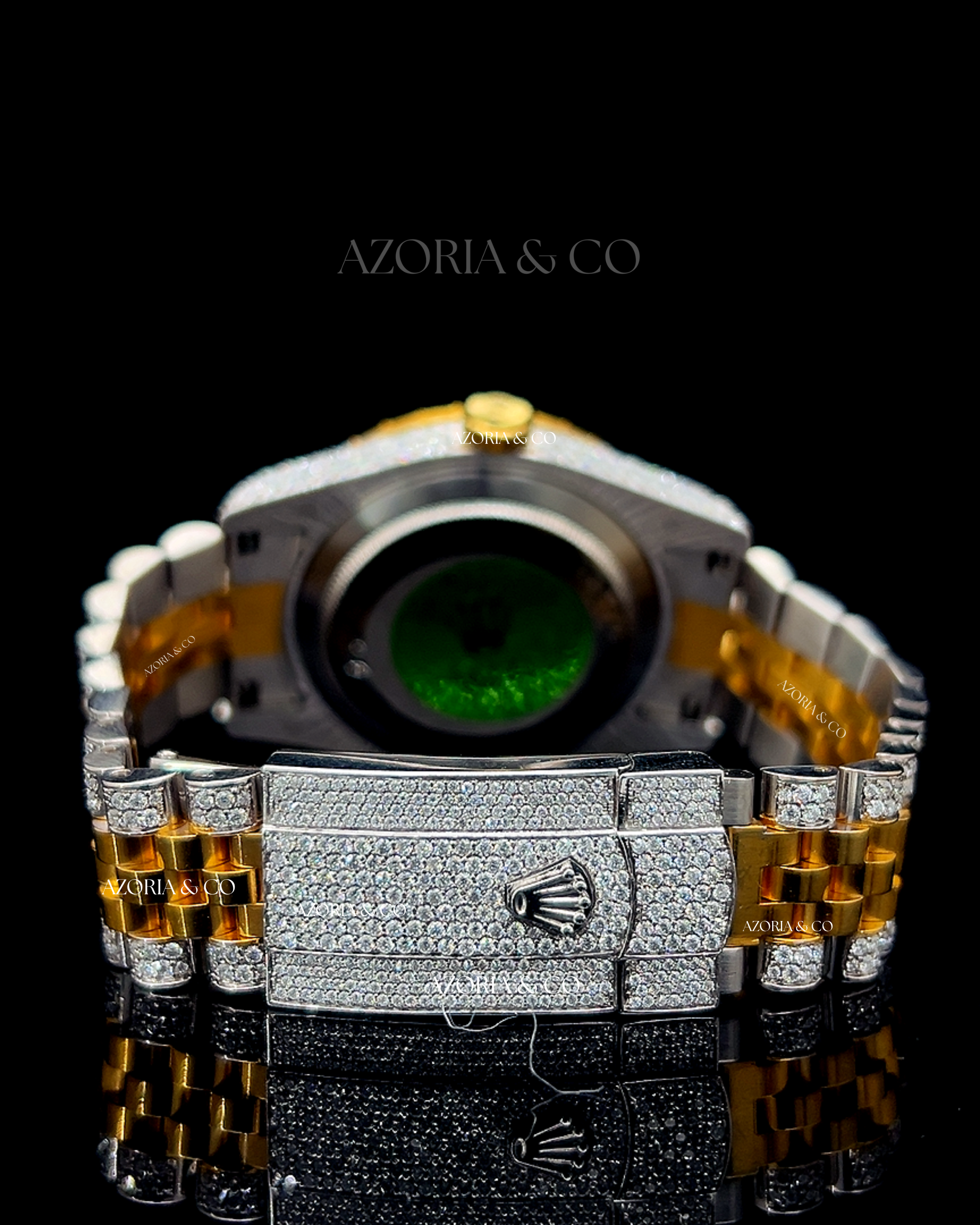 Azoria Two-Tone Iced Automatic Watch – Gold Roman Dial