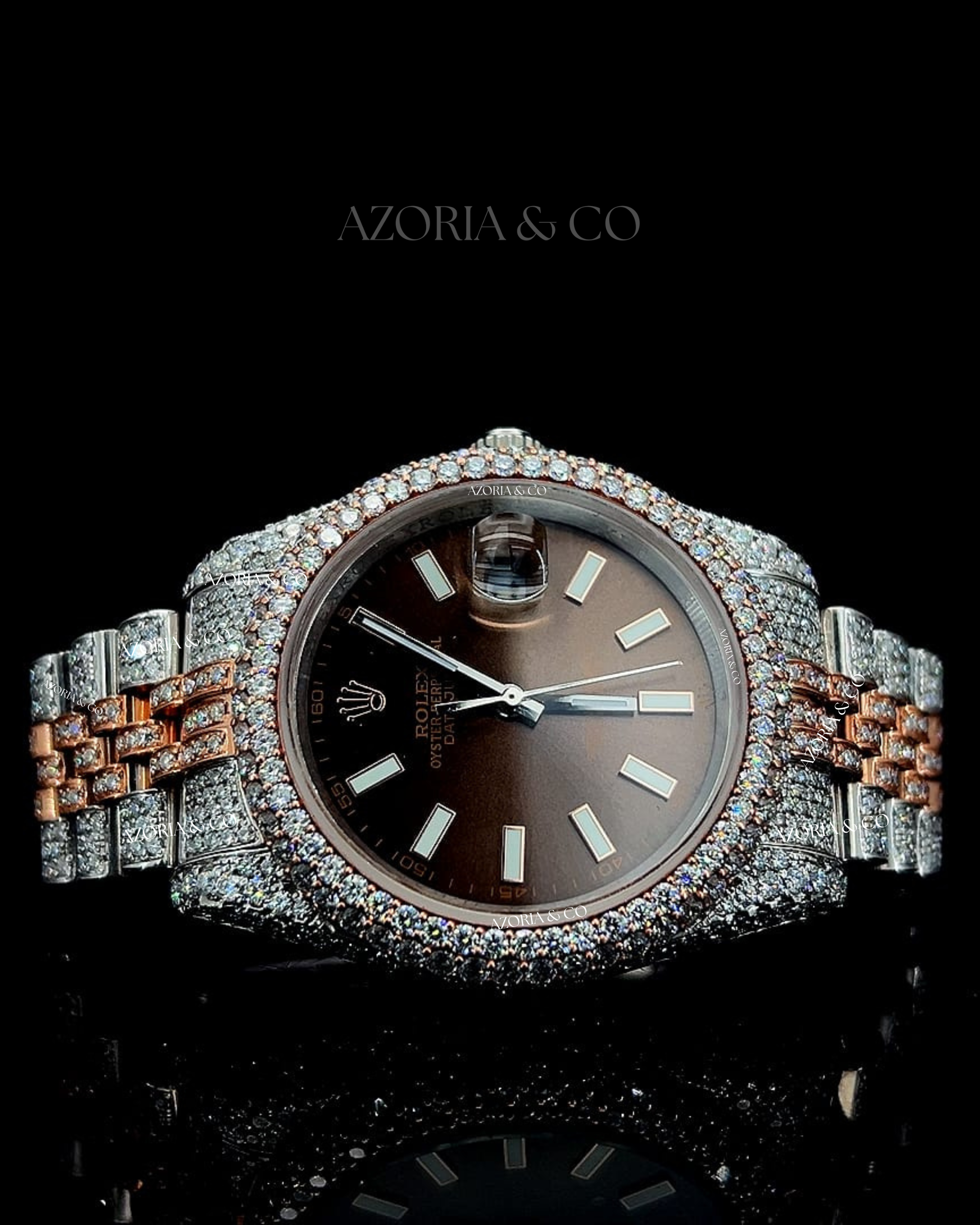 Luxury Two-Tone Iced Watch with Brown Dial
