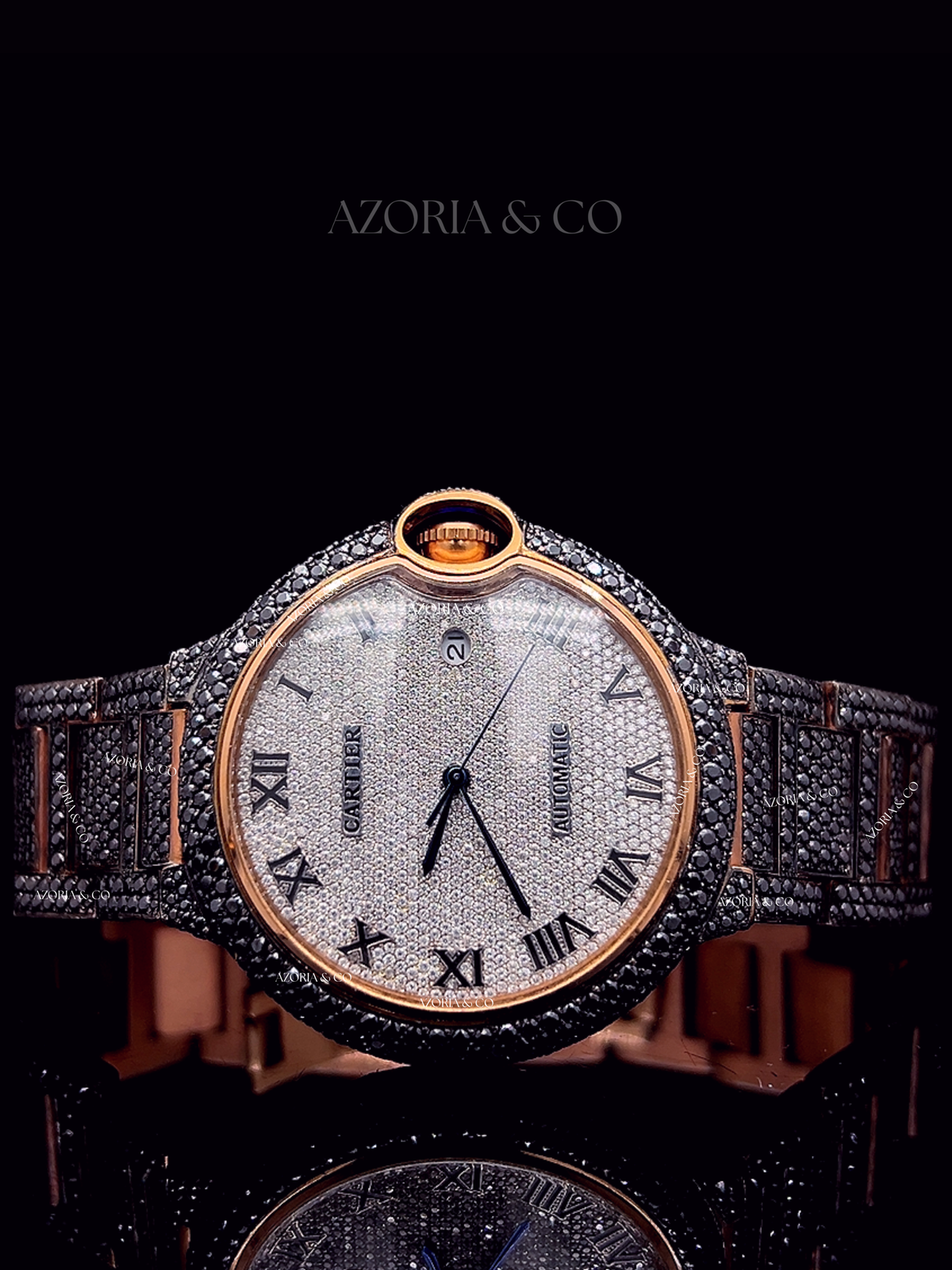 Statement Luxury Watch – Rose Gold & Black Diamond Finish
