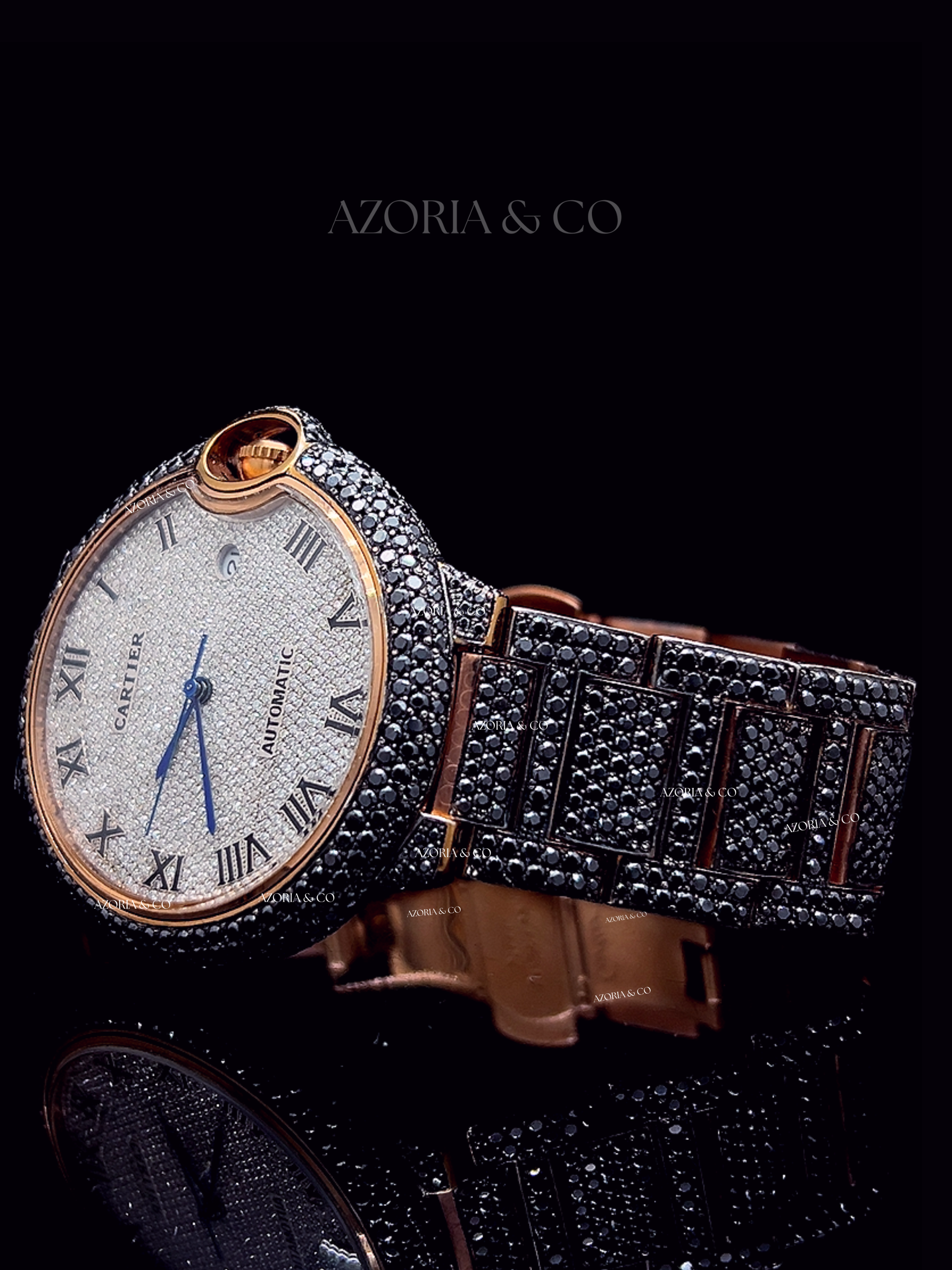Statement Luxury Watch – Rose Gold & Black Diamond Finish