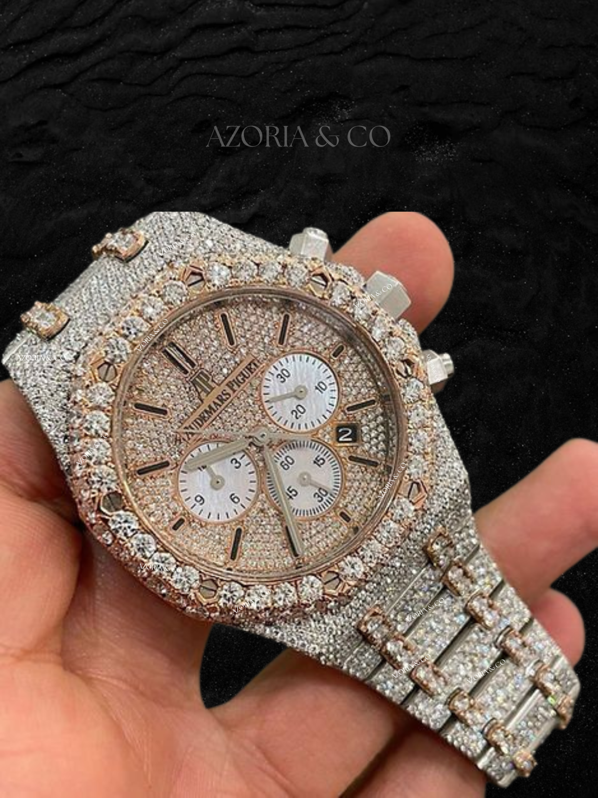 High-End Iced Chronograph Watch – Silver Rose Edition
