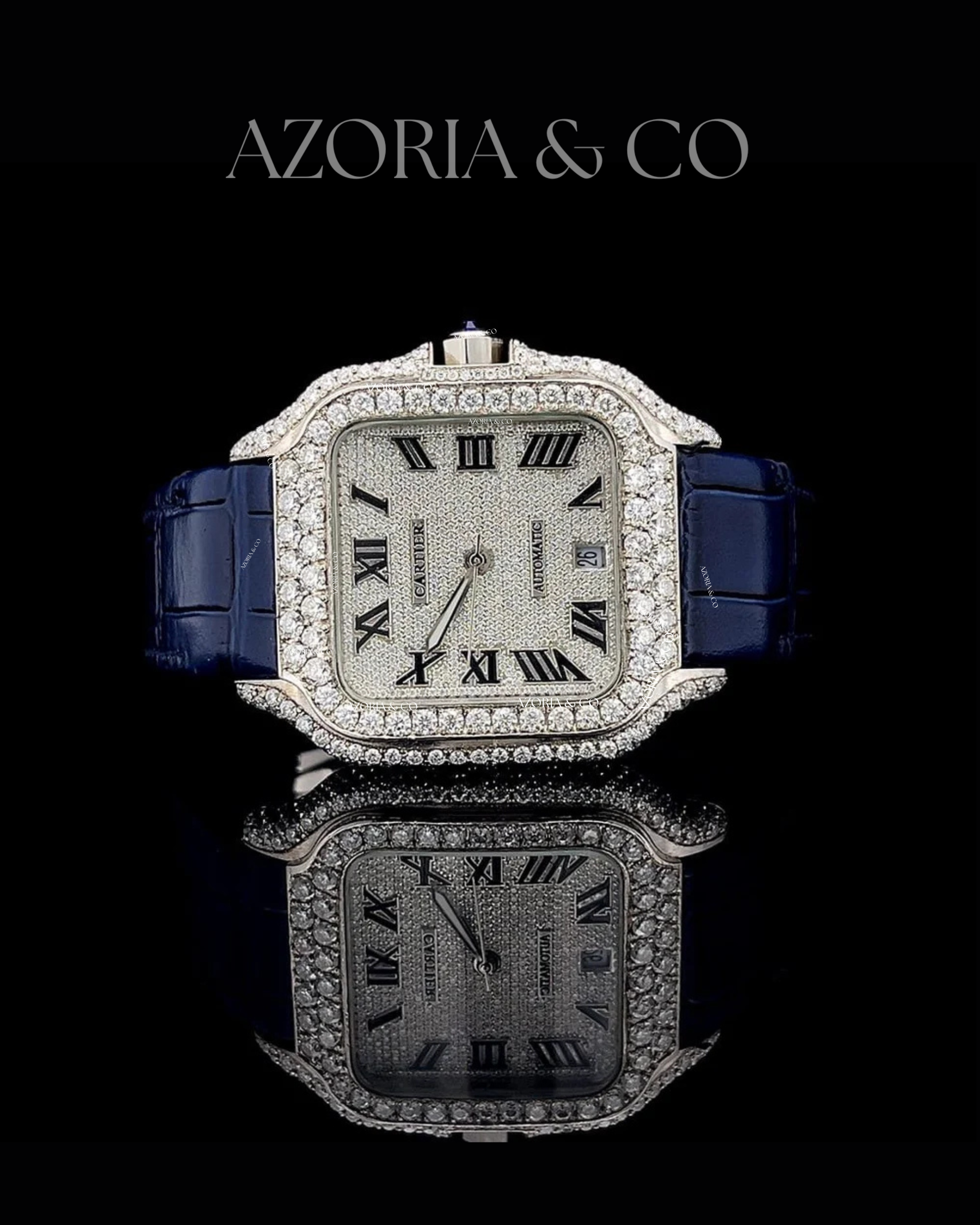 Luxury Square Iced Dial Automatic Watch with Blue Leather Strap