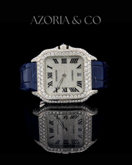 Luxury Square Iced Dial Automatic Watch with Blue Leather Strap