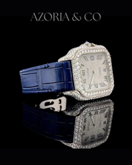 Luxury Square Iced Dial Automatic Watch with Blue Leather Strap
