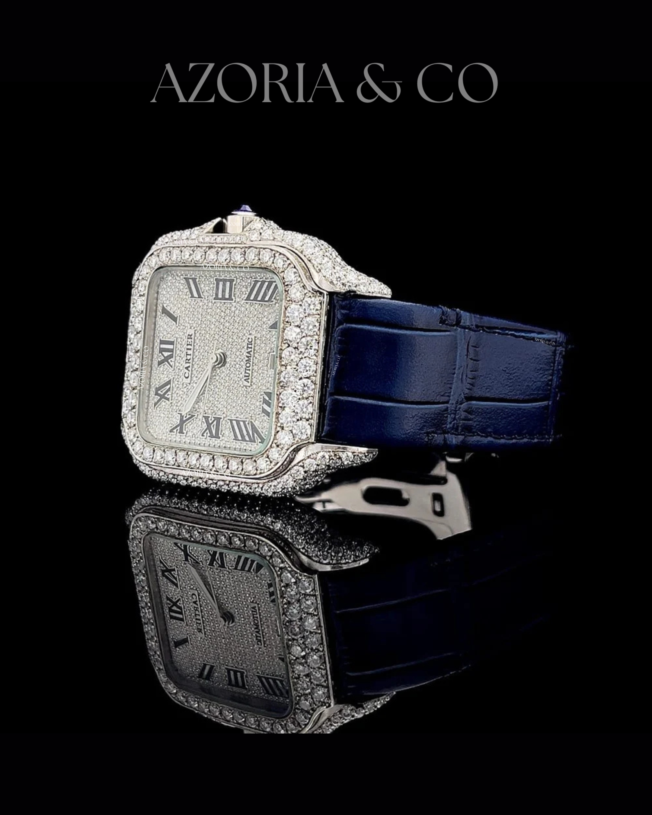 Luxury Square Iced Dial Automatic Watch with Blue Leather Strap