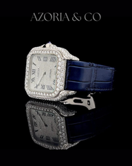 Luxury Square Iced Dial Automatic Watch with Blue Leather Strap