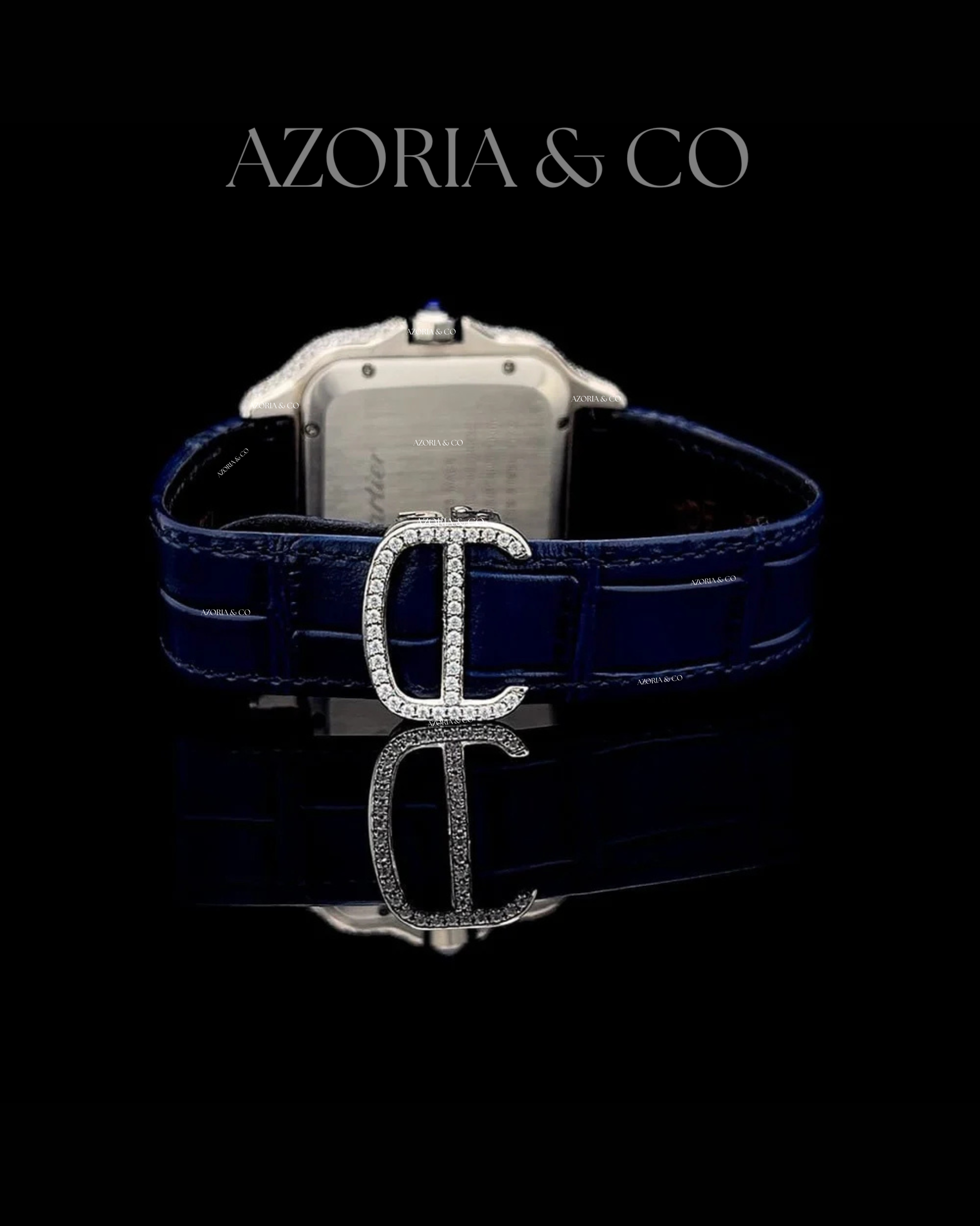 Luxury Square Iced Dial Automatic Watch with Blue Leather Strap
