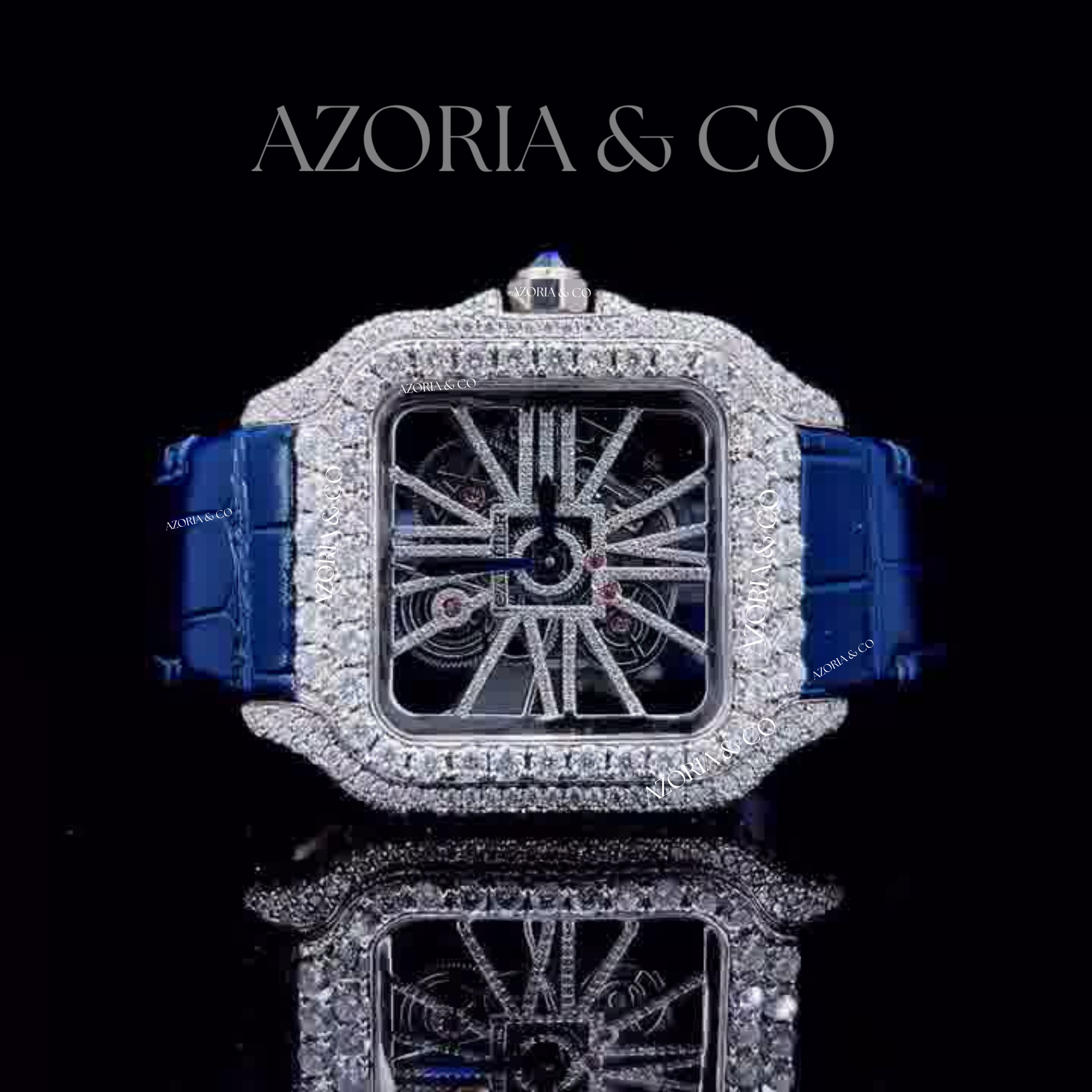 Iced Square Case Skeleton Watch with Blue Leather Band