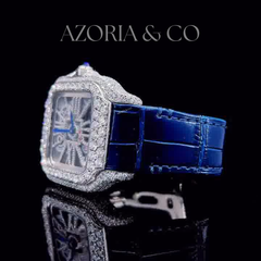 Iced Square Case Skeleton Watch with Blue Leather Band