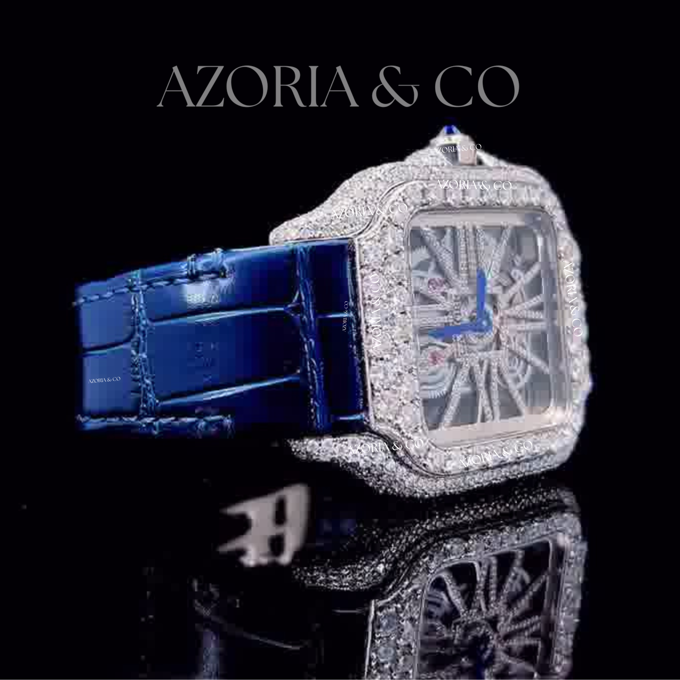 Iced Square Case Skeleton Watch with Blue Leather Band