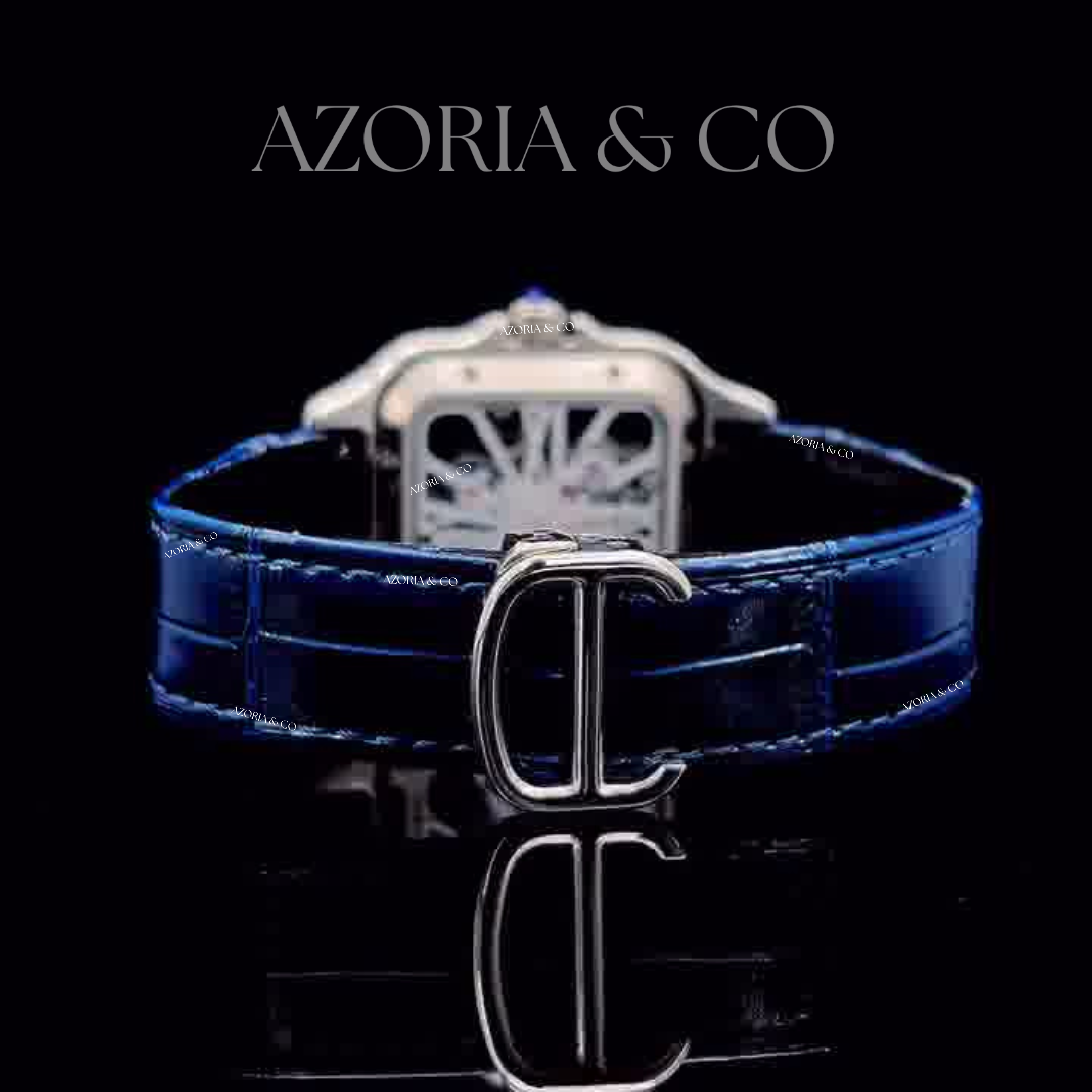 Iced Square Case Skeleton Watch with Blue Leather Band