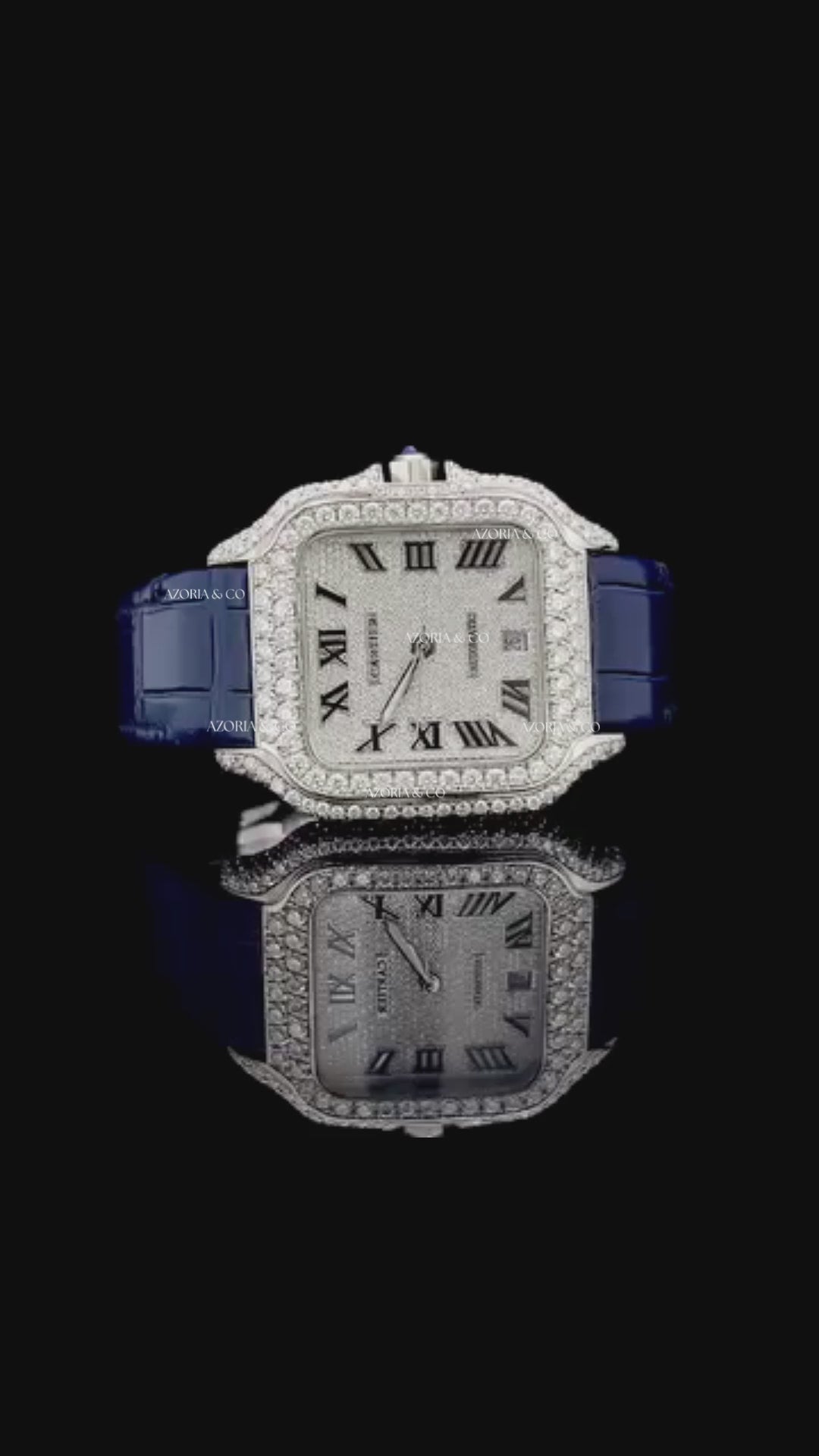 Luxury Square Iced Dial Automatic Watch with Blue Leather Strap